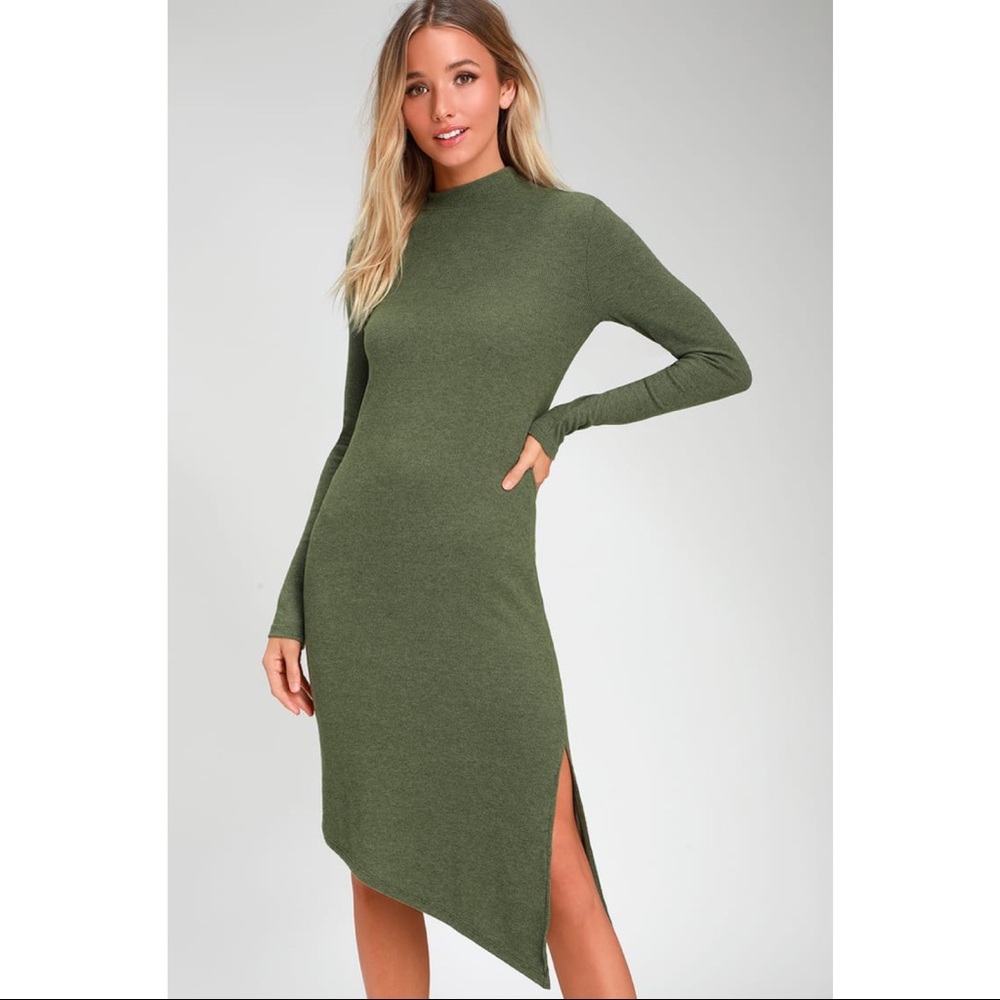 Lulus Fernley Green Ribbed Long Sleeve Midi Dress